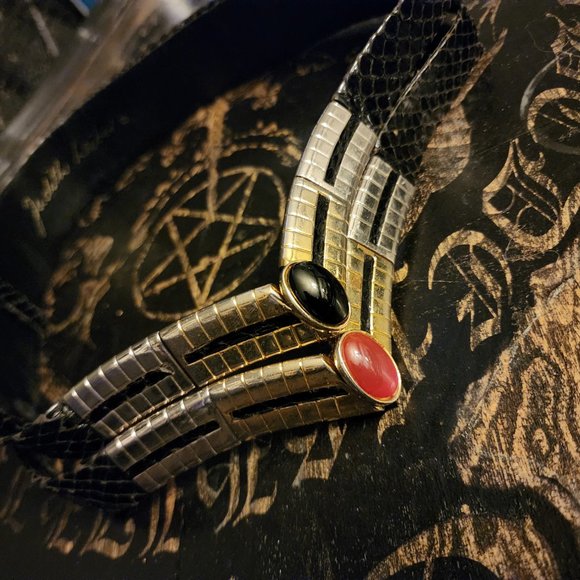 Vintage 70s 80s Judith Leiber Black Snakeskin Expandable Belt Gold Buckle - Picture 8 of 14